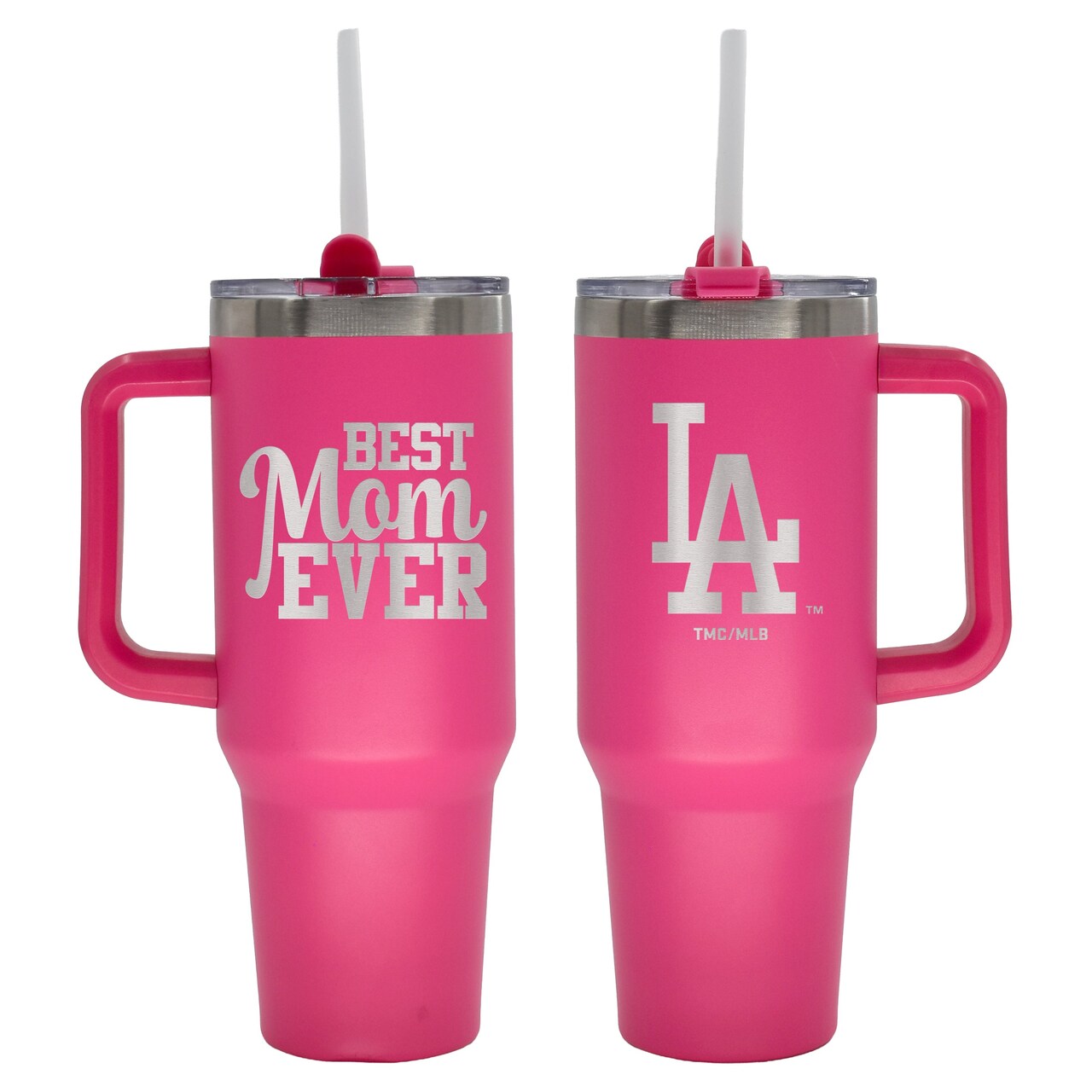 40oz Pink Stainless Steel Colossal Tumbler, Etched, Best Mom Ever Design, Los Angeles Dodgers